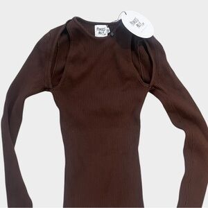 NWT. Princess Polly Venetia Long Sleeve Brown Top with Cutout Sleeves Ribbed Top